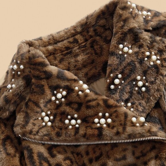 Brown Women's Leopard Print Faux Fur beaded detailed Collar Zip up Short Jacket - Picture 9 of 10